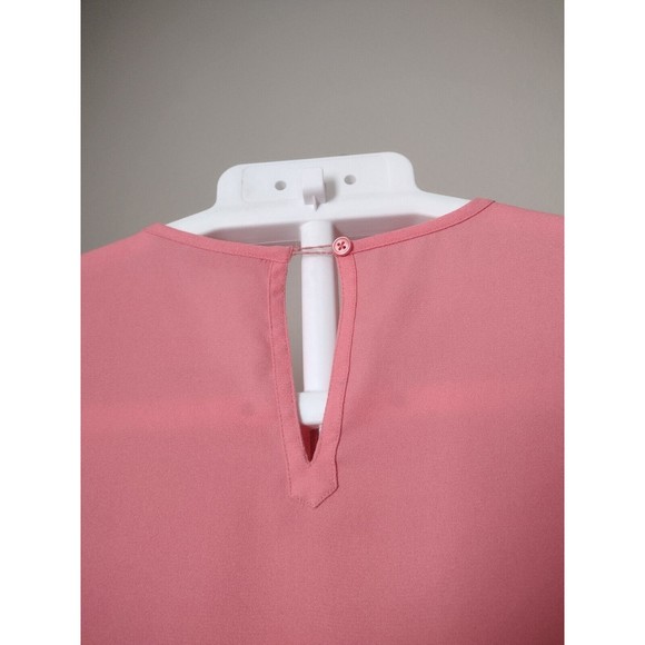 Women's Pink Blouse Ruffle Formal Crepe Short Sleeve Crewneck Button Back Size S - Picture 9 of 12